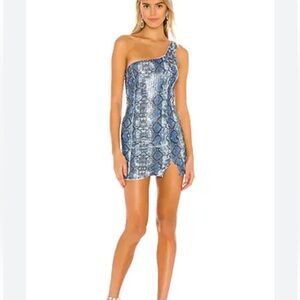 Superdown from Revolve blue snakeskin print sequined mini dress, size XS